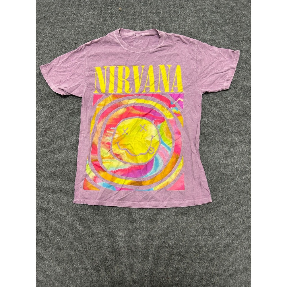 Nirvana T-Shirt Womens Size S Purple Acid Wash Tie Dye Smiley Face Graphic Tee